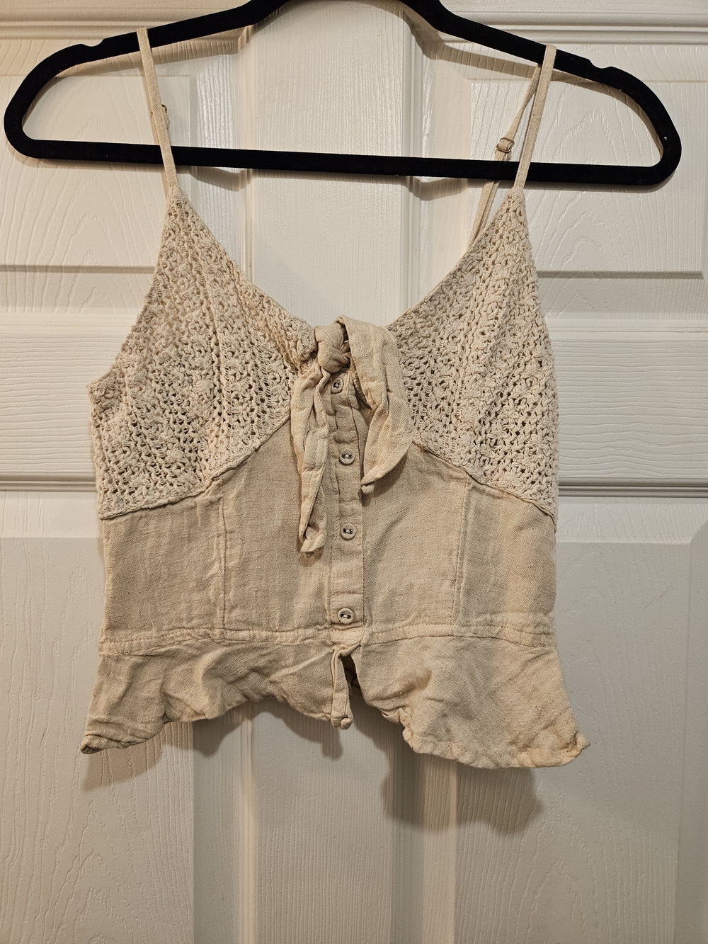 Boho Lace-Trim Tie-Front Crop Top in Cream